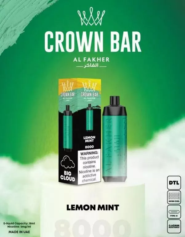 AL Fakher Crown Bar 8000 trekkingen Wegwerp E-sigaret Met Nicotine - Citroen Mint 6 AL-Fakher-Crown-Bar-8000-trek-Eenweg-E-sigaret-Met-Nikotine-Lemoon-Munt