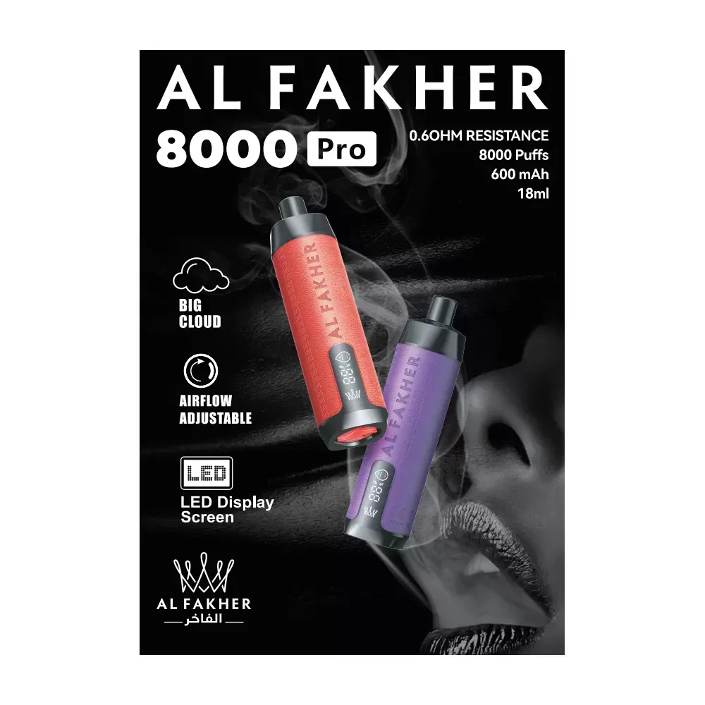 AL Fakher Crown Bar Pro 8000 puhaltaa kertakäyttöistä e-savuketta – Grape Mint